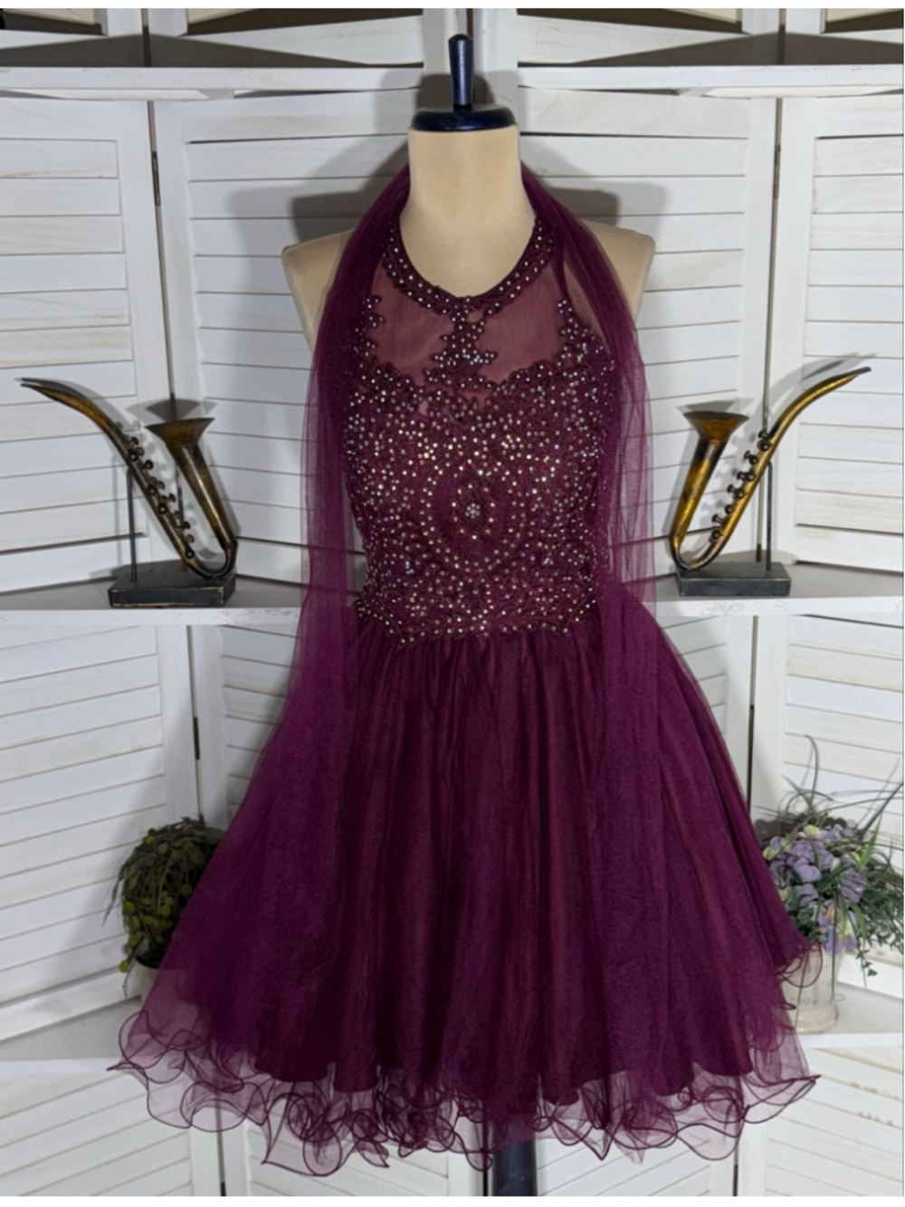Burgundy mesh mini dress beaded halter open back fit flare homecoming whimsigoth